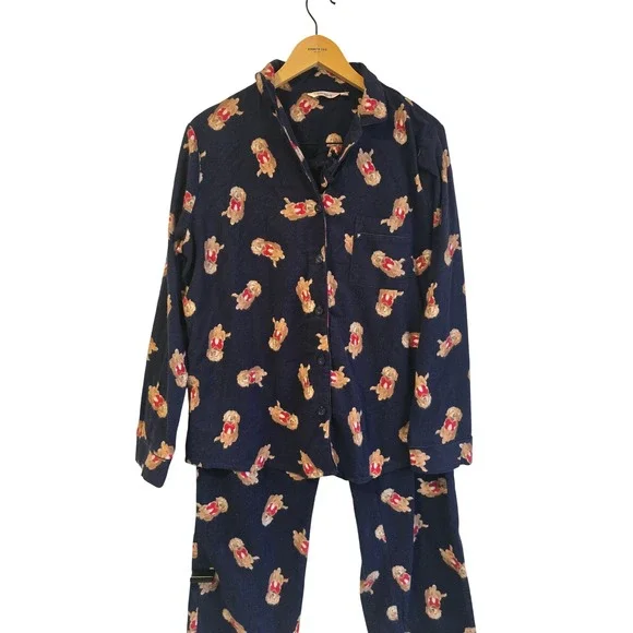 la Vie en Rose Womens Navy Blue Golden Retriever Flannel Pajama Set Large L - Picture 6 of 16